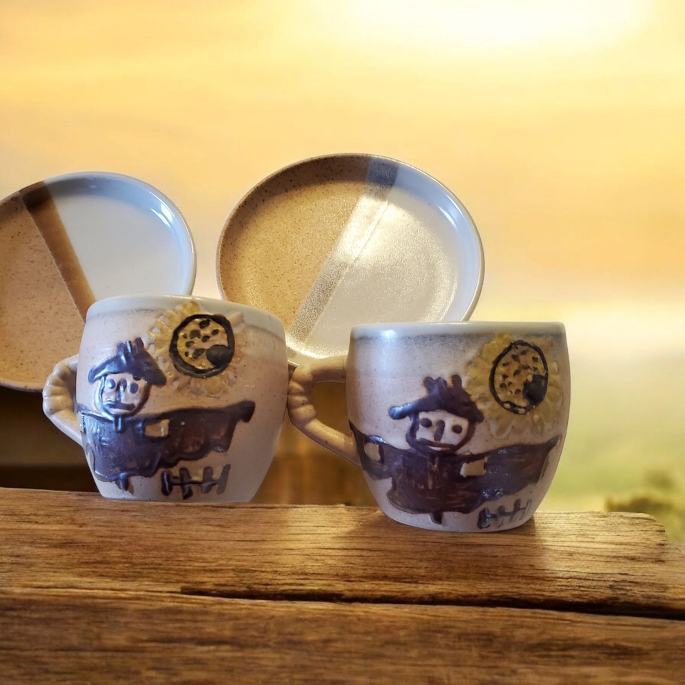 2 Scarecrow & Sunflower Handcrafted Pottery Cups & Saucers 6 Oz Cottagecore
